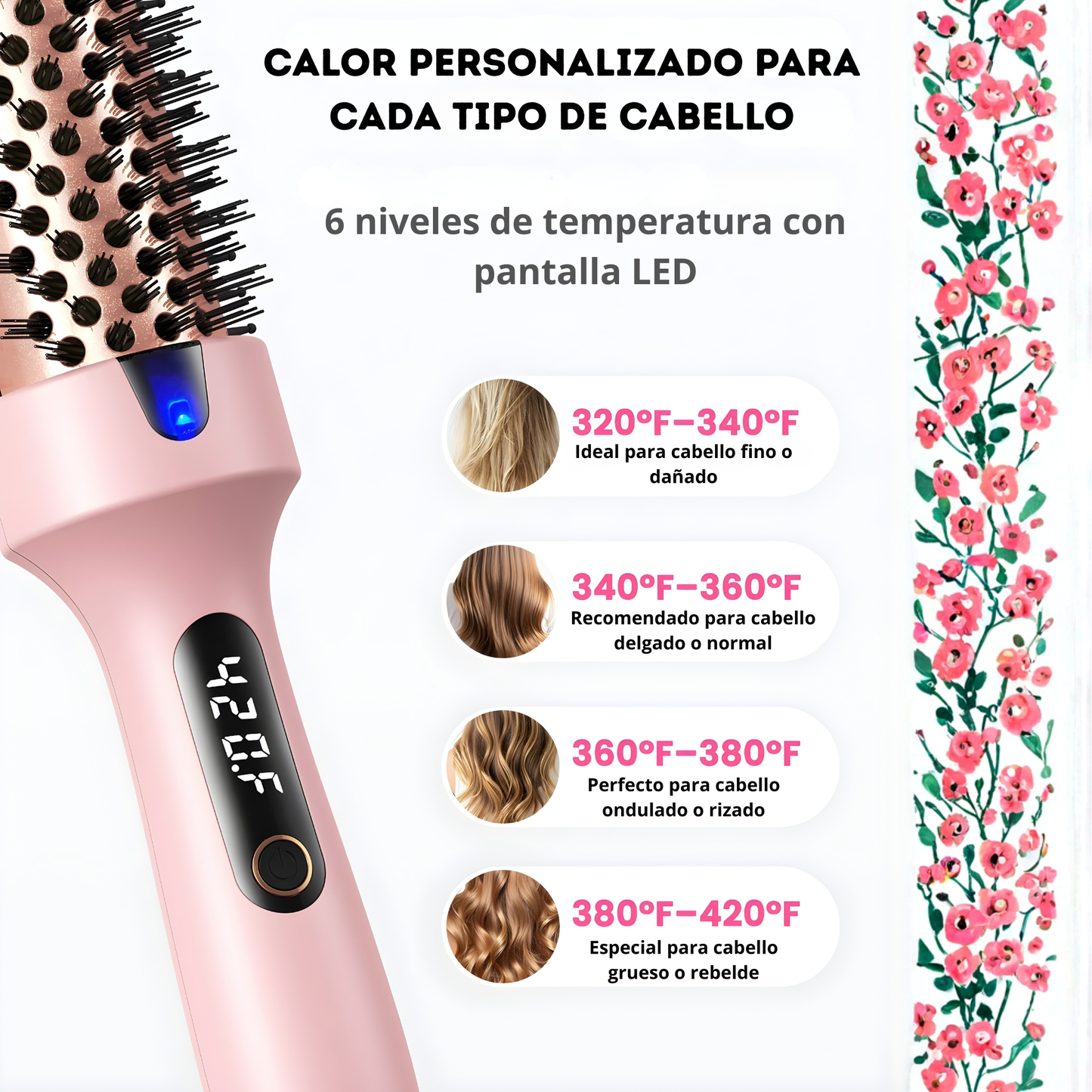 Cepillo 3 en 1, con 6 cambios de temperatura.