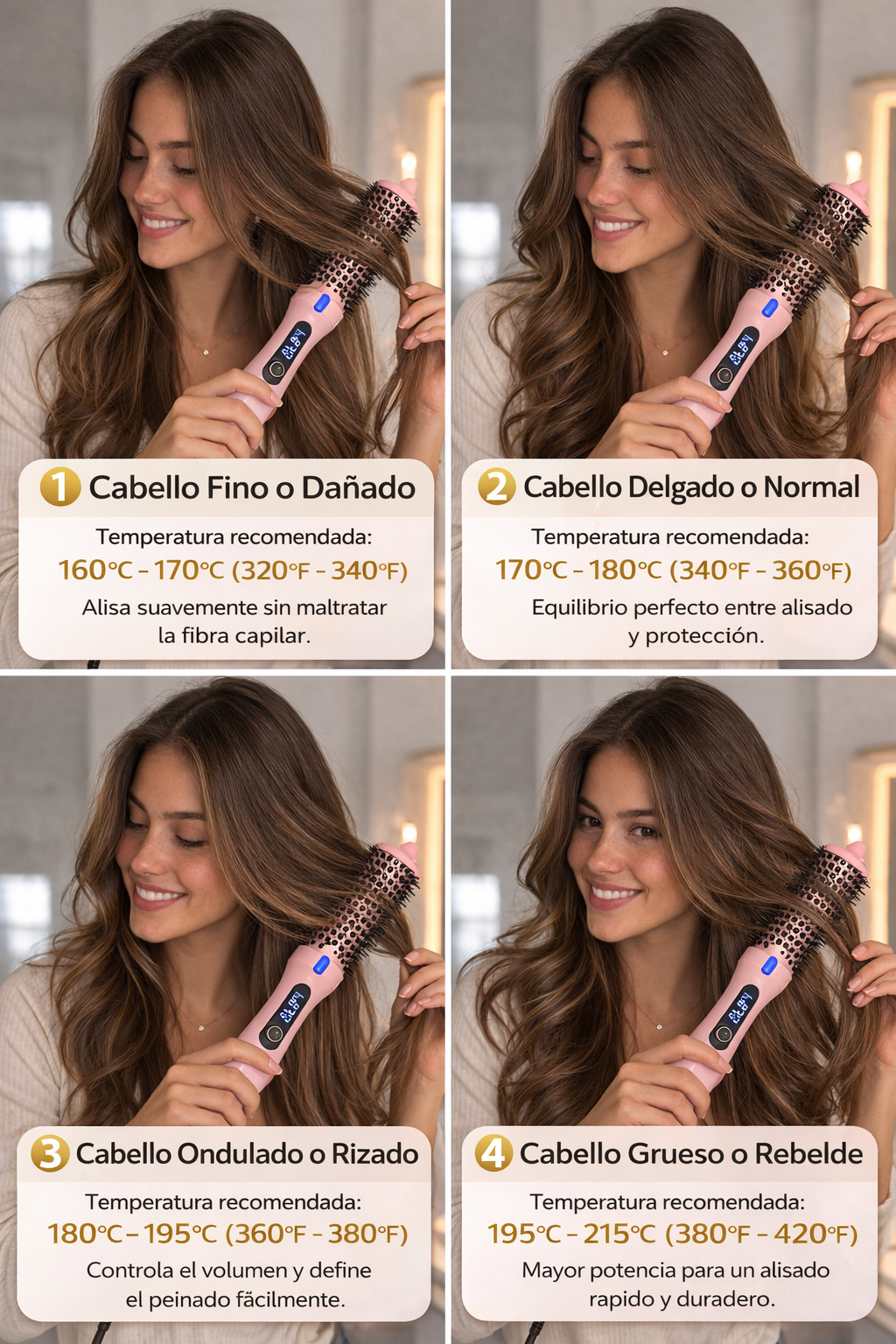 Cepillo 3 en 1, con 6 cambios de temperatura.